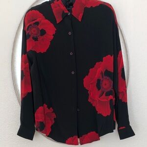 Ellen Tracy Black Button-Down Shirt with Red Floral Print